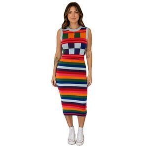 LALA Dressed In Lala Colorblock Sweater Dress Dopamine Retro Midi NWT L Rainbow
